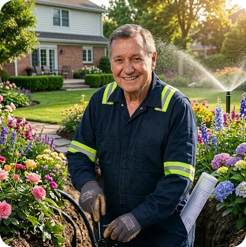 Irrigation expert in landscaped garden