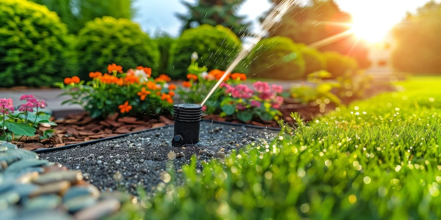 Residential sprinkler irrigation system watering lawn